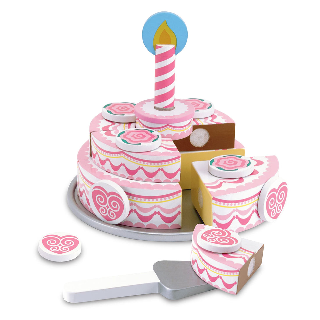 Pink birthday cake toy set with a candle on a white background