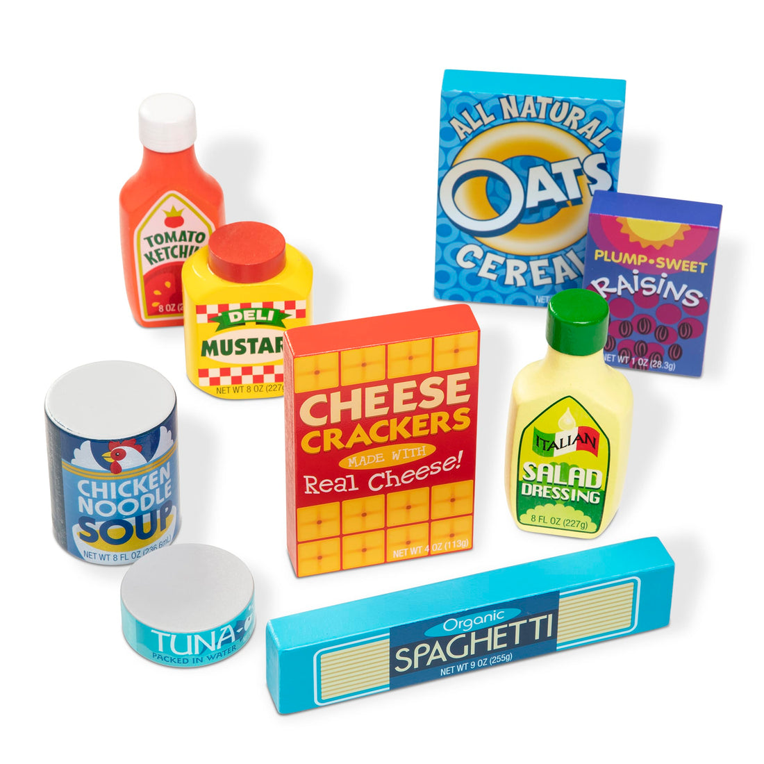 Collection of toy food packages on a white background