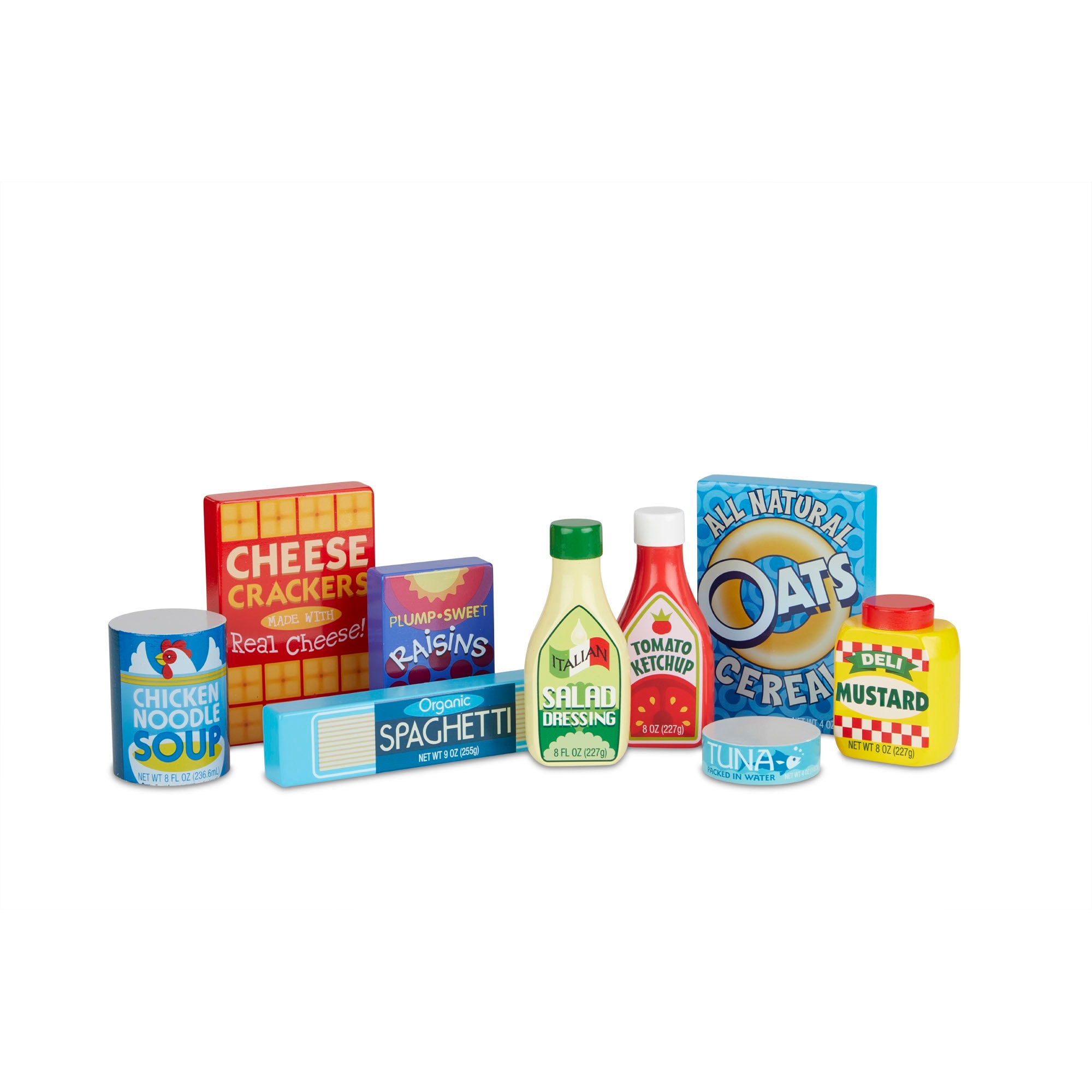 Collection of miniature food product packages on a white background