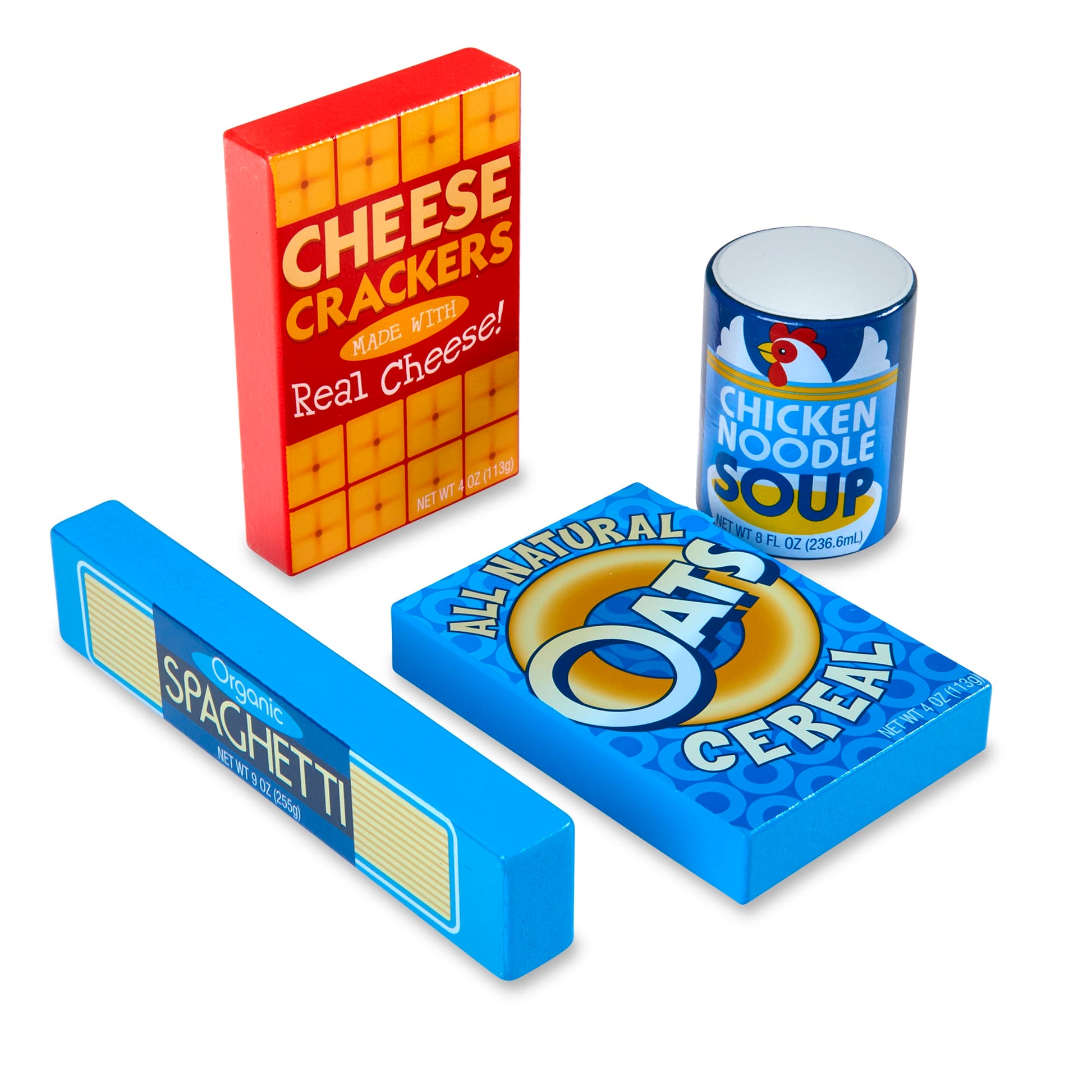 Collection of toy food packages including cheese crackers, chicken noodle soup, spaghetti, and cereal on a white background.