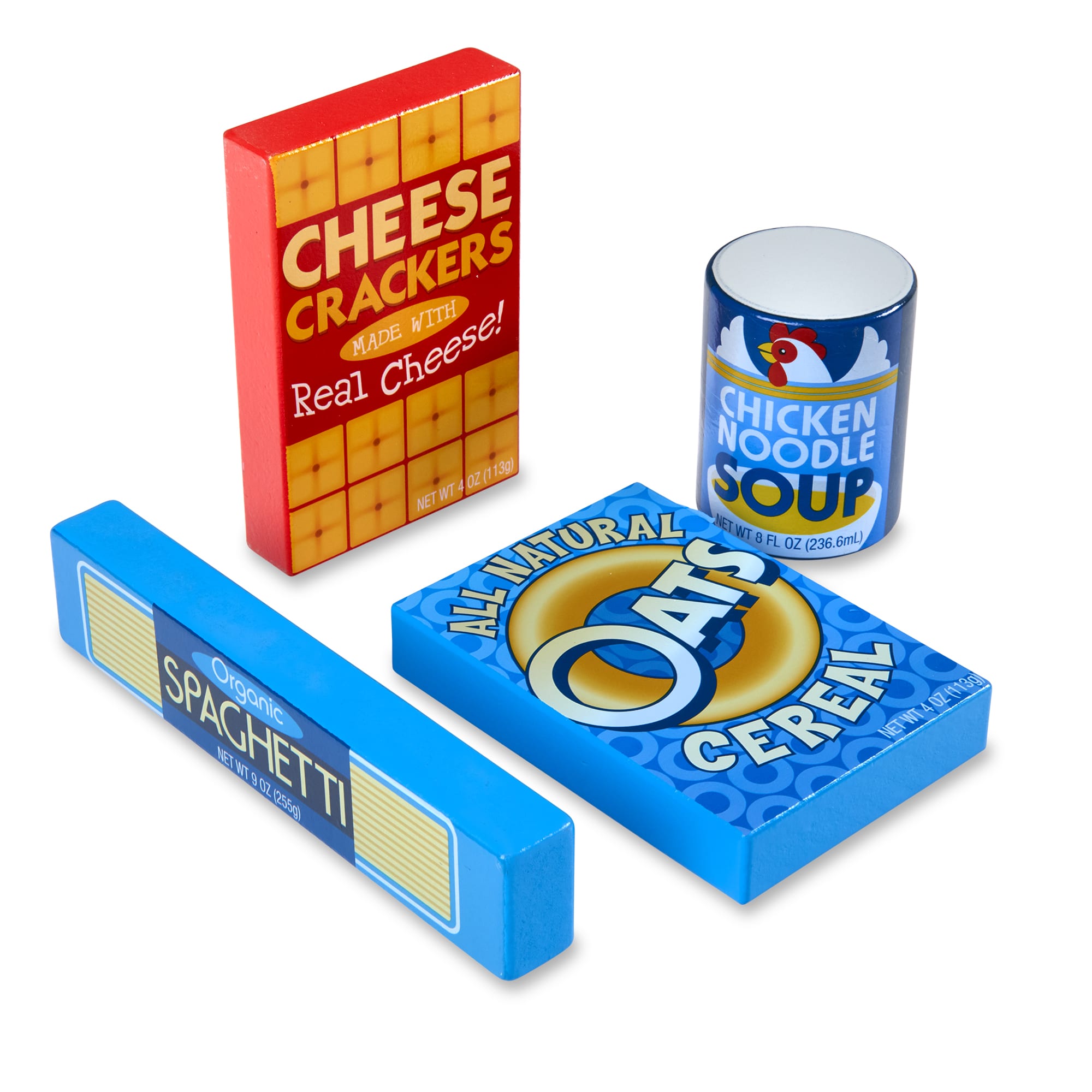 Collection of toy food packages including cheese crackers, chicken noodle soup, spaghetti, and cereal on a white background.
