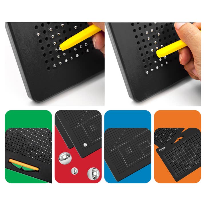Black perforated mat with a yellow tool being used, shown in close-up and color swatches.