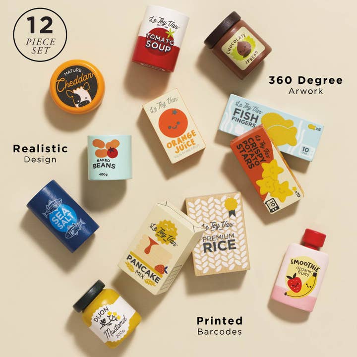 A Supermarket Grocery Weekly Shop  toy. A delightful 12-piece set is perfect for your little shoppers to fill up their fridges, freezers or pantries.