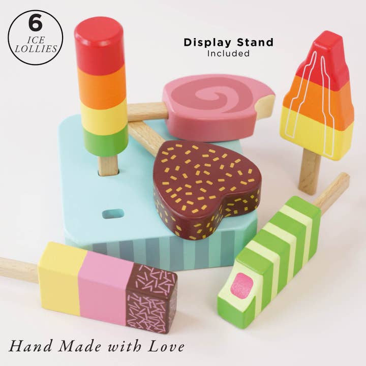 Wooden Ice Lollies & Popsicles set, Hand-painted and is made with sturdy wooden base