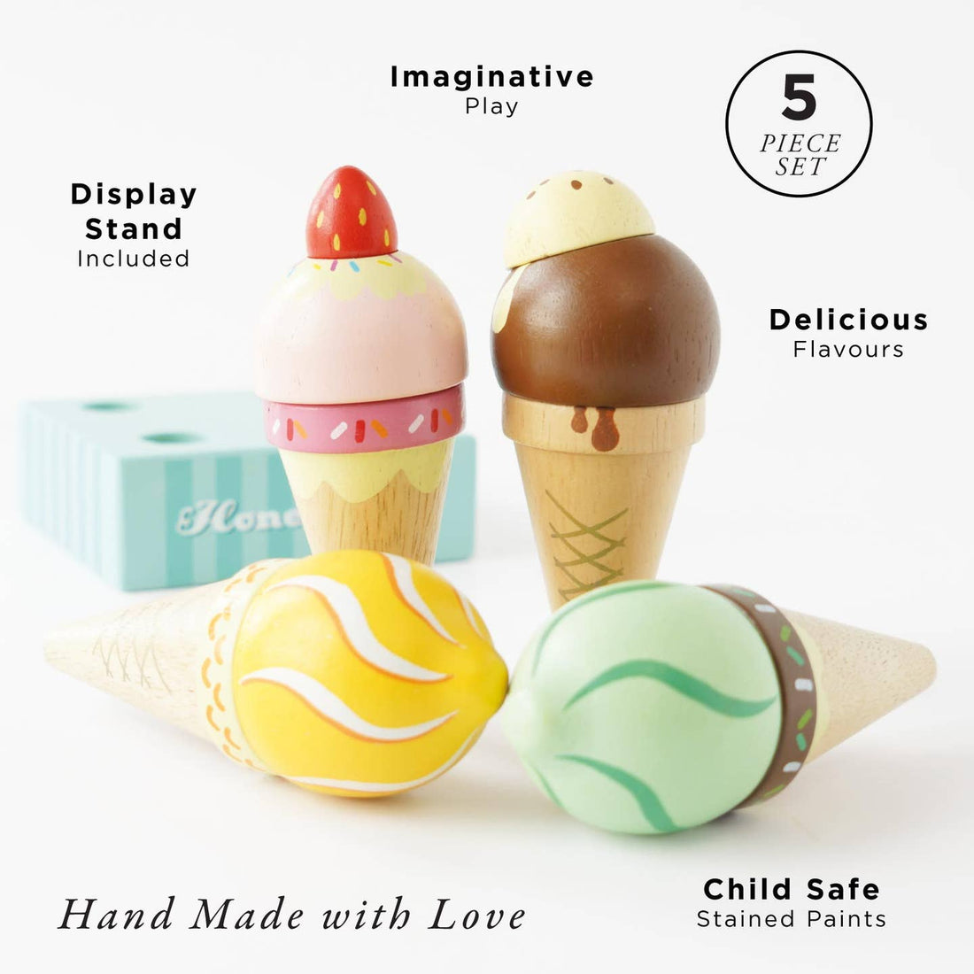 Wooden Ice Cream Cones Set painted with fresh colors and is plastic-free toy
