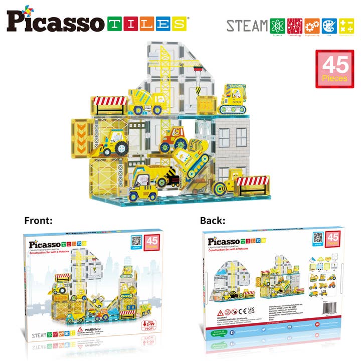 PicassoTiles Magnet Tile Building Block Set with 8 Construction Vehicles Crank Truck, Excavator, Bulldozer, Road Roller, Concrete Mixer, Tractor, Dump Truck, &amp; Forklift Magnetic Toy