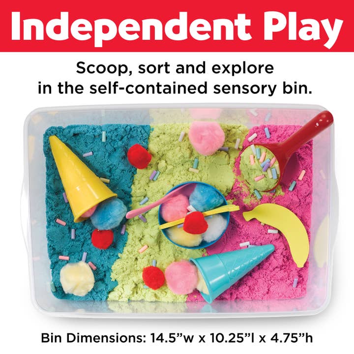 Sensory Bin Ice Cream Shop Activity Bin for Kids with sensory sand, pom poms and rainbow beads