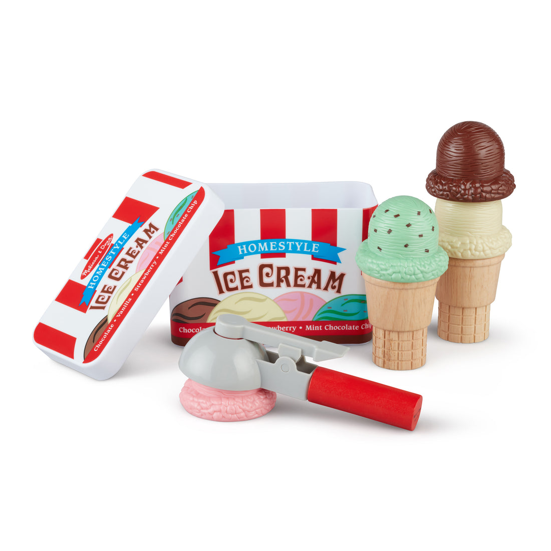 Toy ice cream set with cones, a carton, and an ice cream scoop on a white background