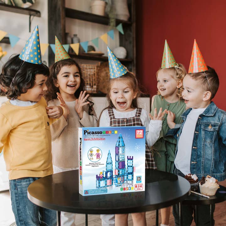 Kids playing with Magnetic Building Tiles Immerse in the Ice Winter Theme with these translucent blocks, offering a captivating visual journey for kids