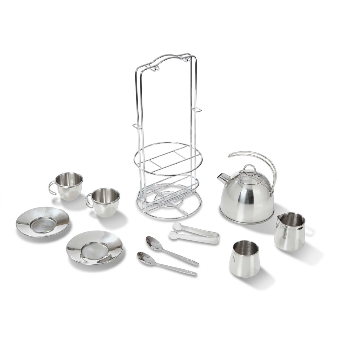 Stainless steel tea set with kettle, cups, saucers, and other utensils on a white background