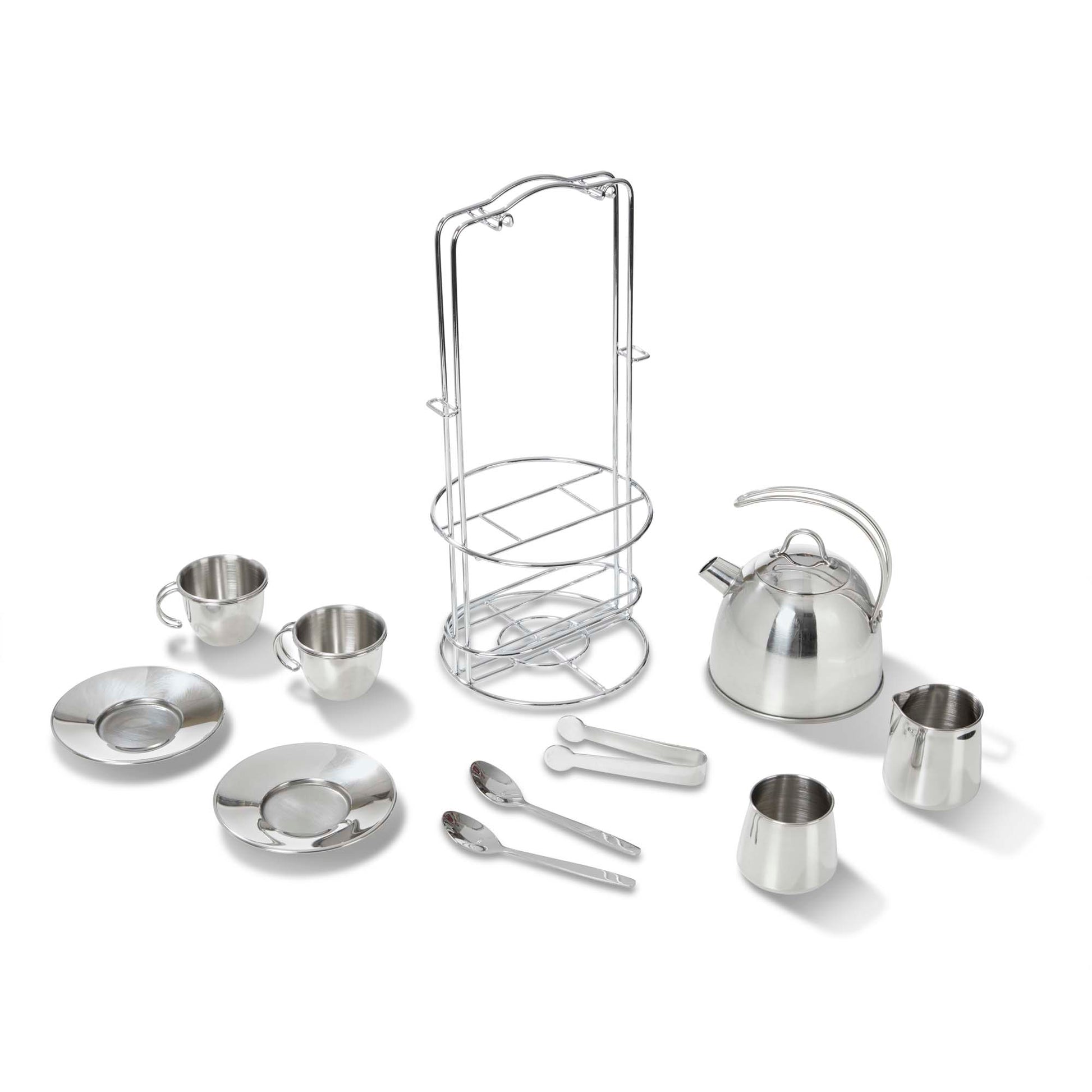 Stainless steel tea set with kettle, cups, saucers, and other utensils on a white background