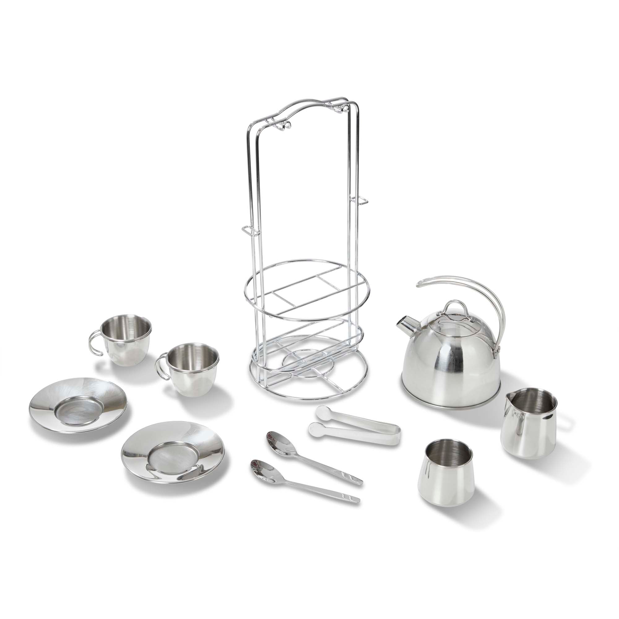 Stainless steel tea set with kettle, cups, saucers, and other utensils on a white background