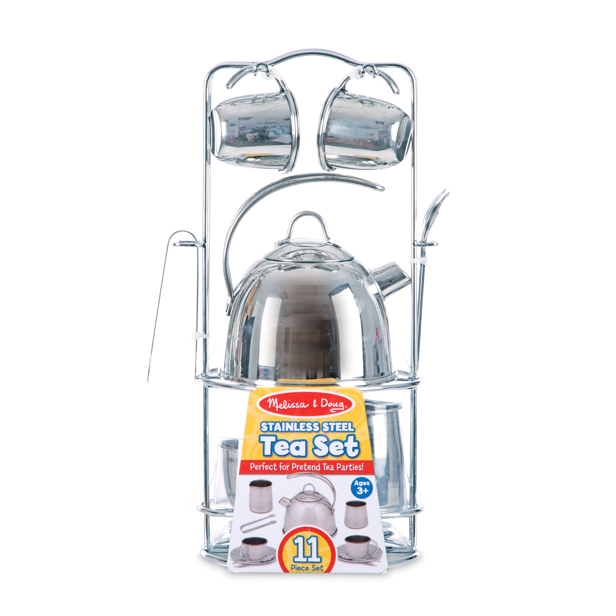 Stainless steel tea set with packaging on a white background