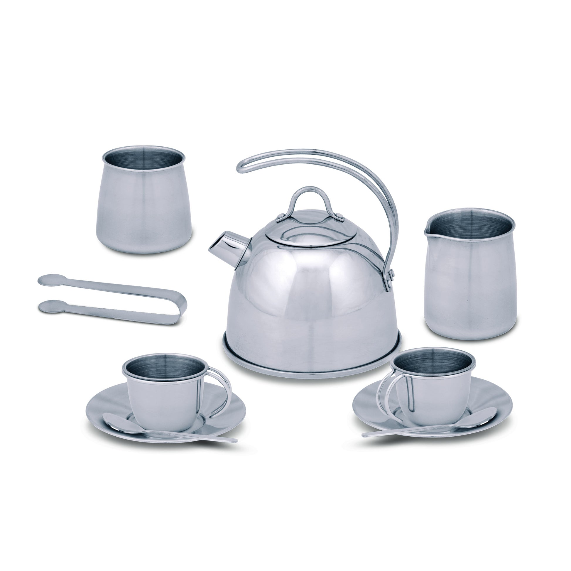 Stainless steel tea set with kettle, cups, and saucers on a white background