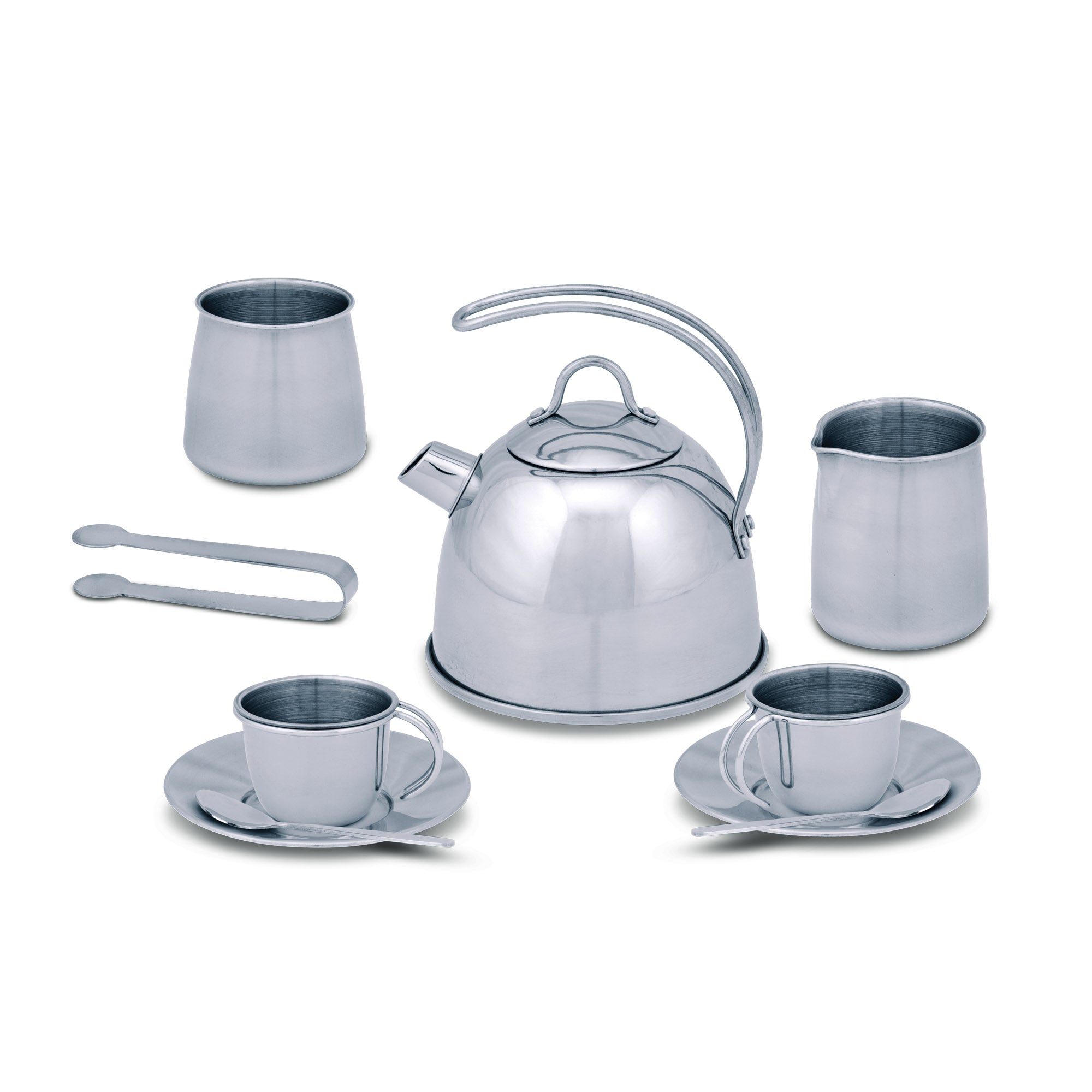 Stainless steel tea set with kettle, cups, and saucers on a white background