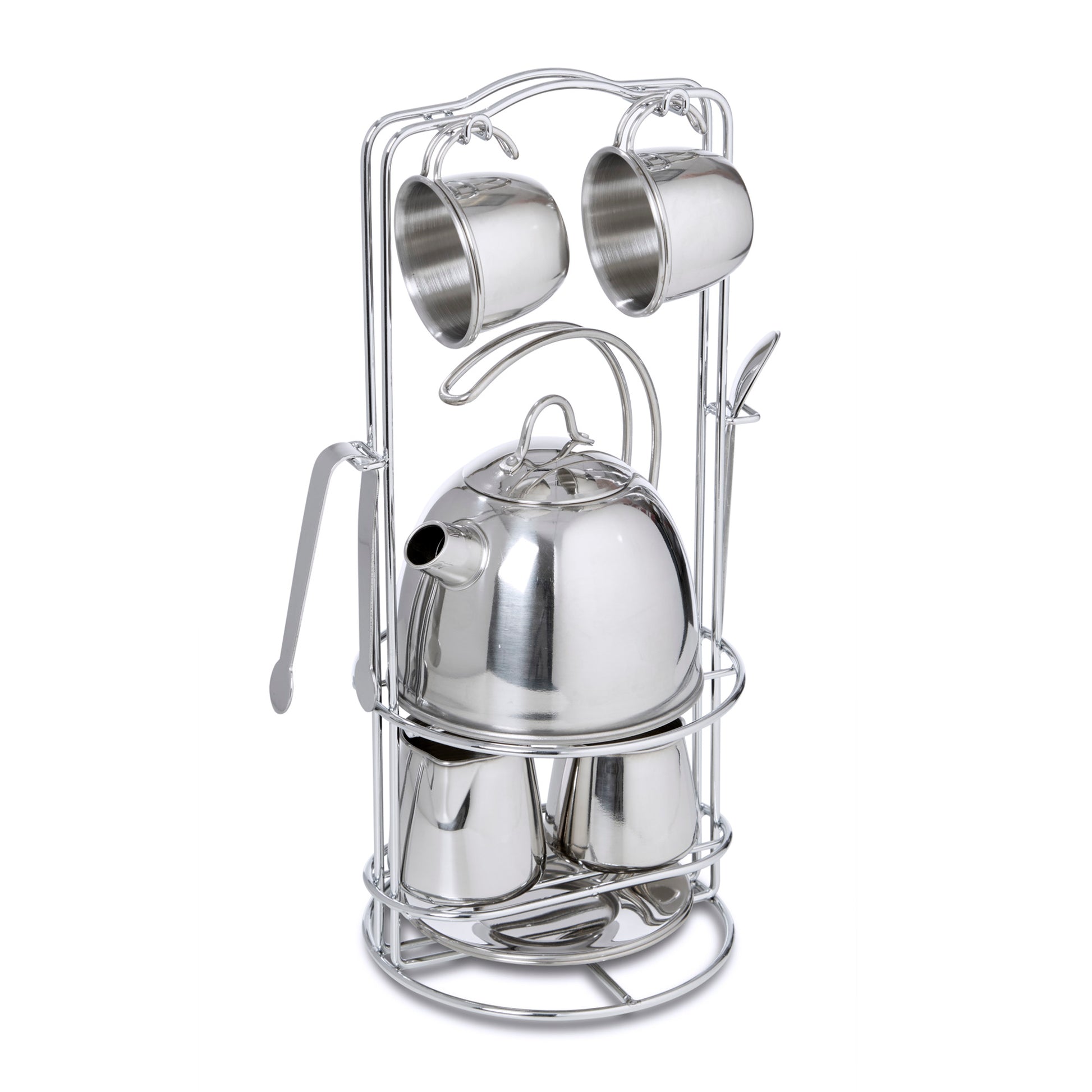 Stainless steel tea set with kettle and cups on a stand against a white background