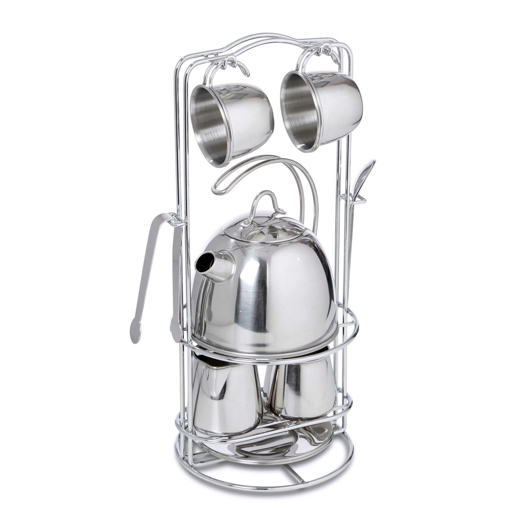 Stainless steel tea set with kettle and cups on a stand against a white background
