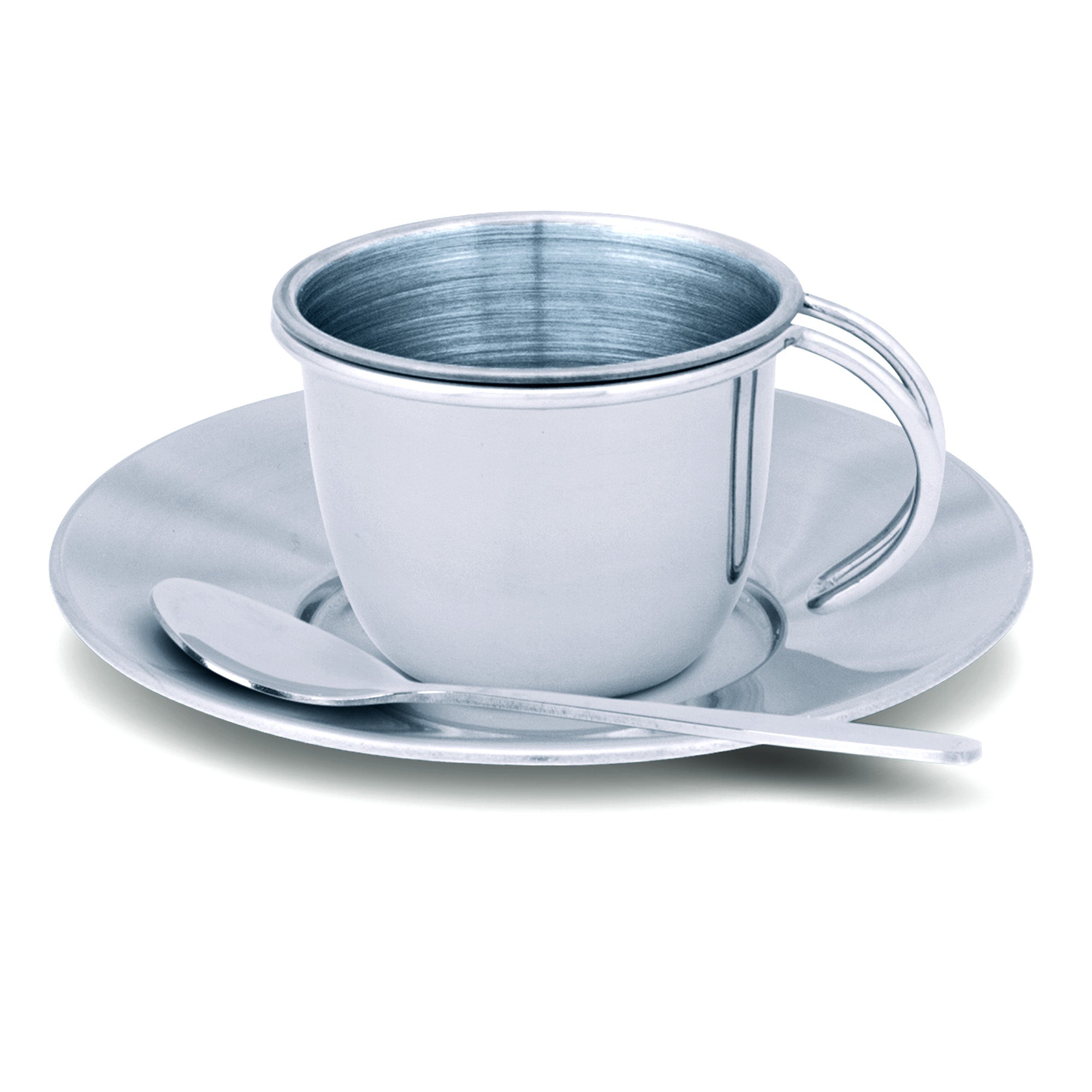 Silver cup, saucer, and spoon set on a white background