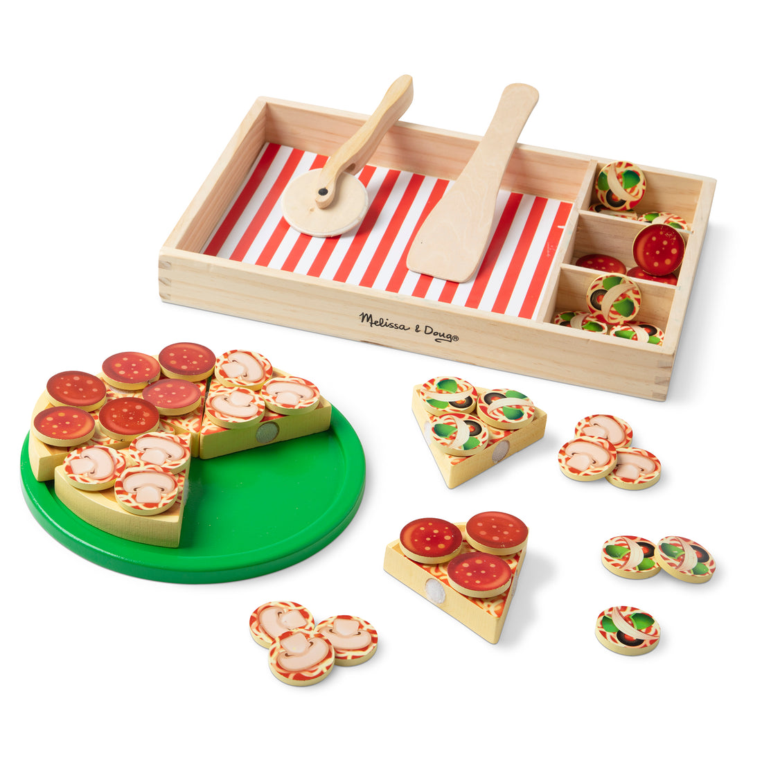 Wooden toy pizza set with slices and a tray on a white background