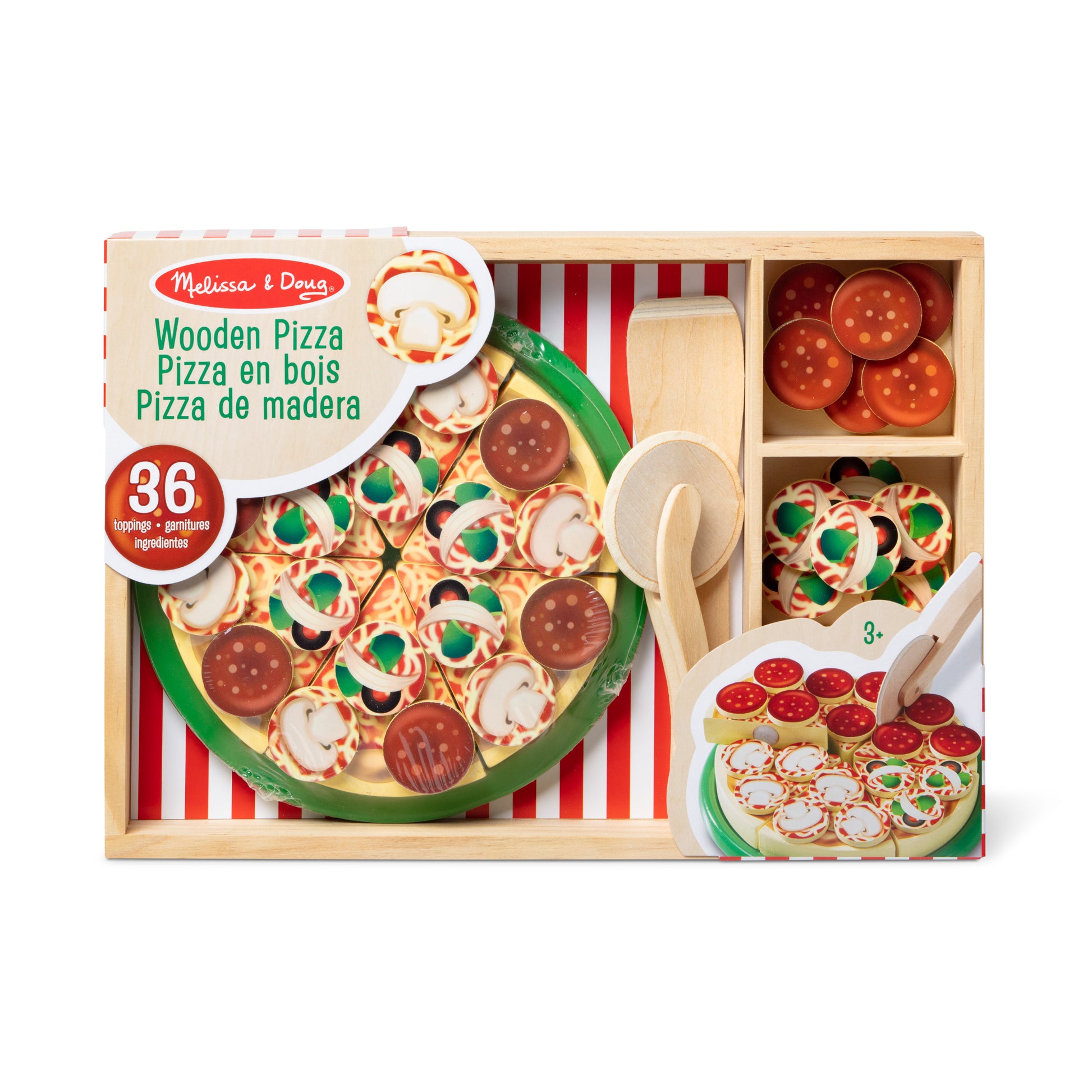 Melissa & Doug wooden pizza set packaging with pizza and toppings on a white background