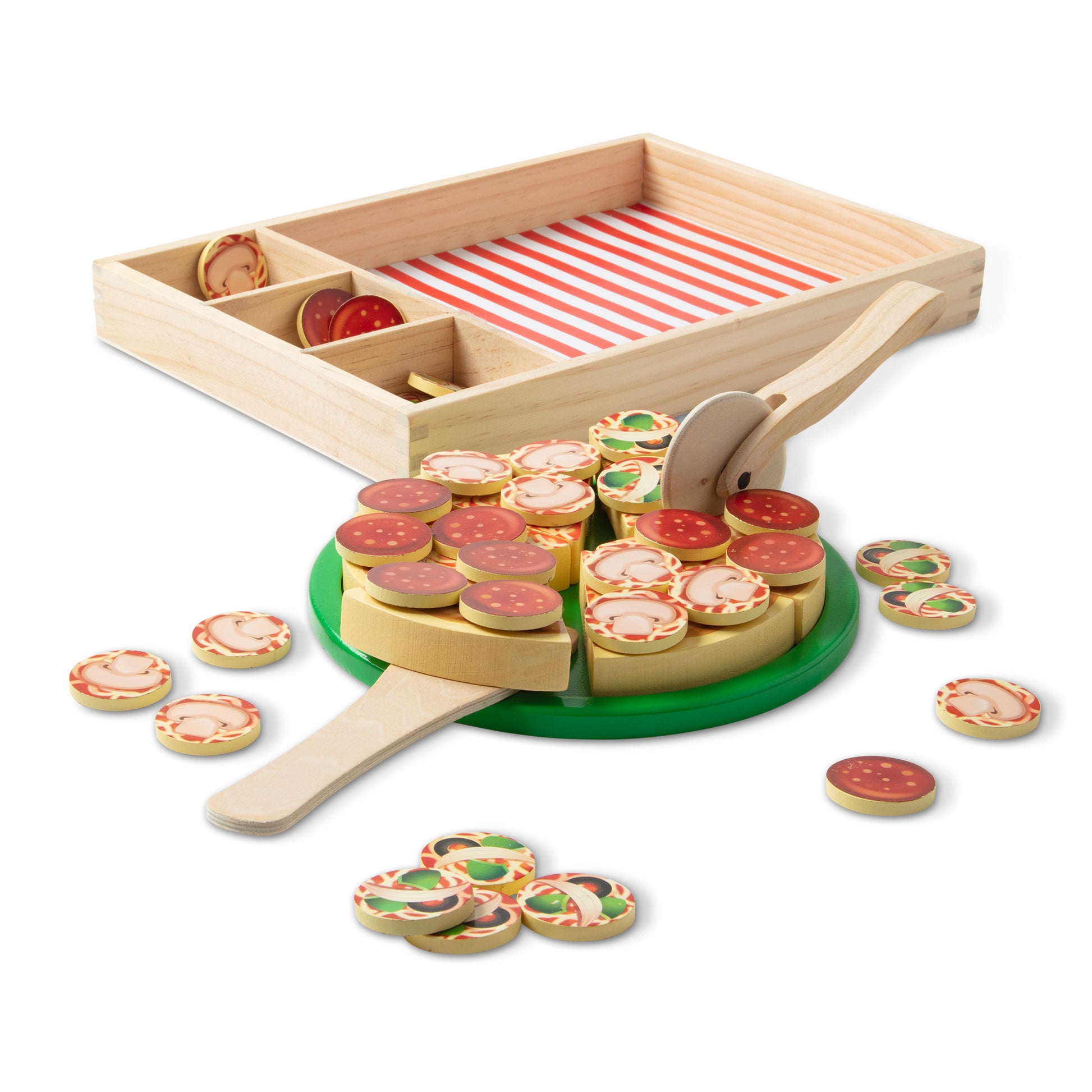 Wooden toy pizza set with various toppings on a white background