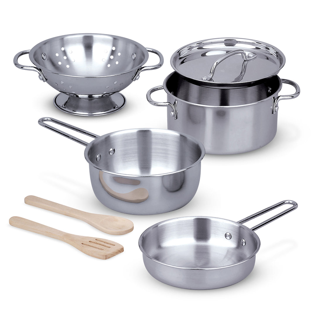 Set of stainless steel cookware including pots, pans, and a colander on a white background.