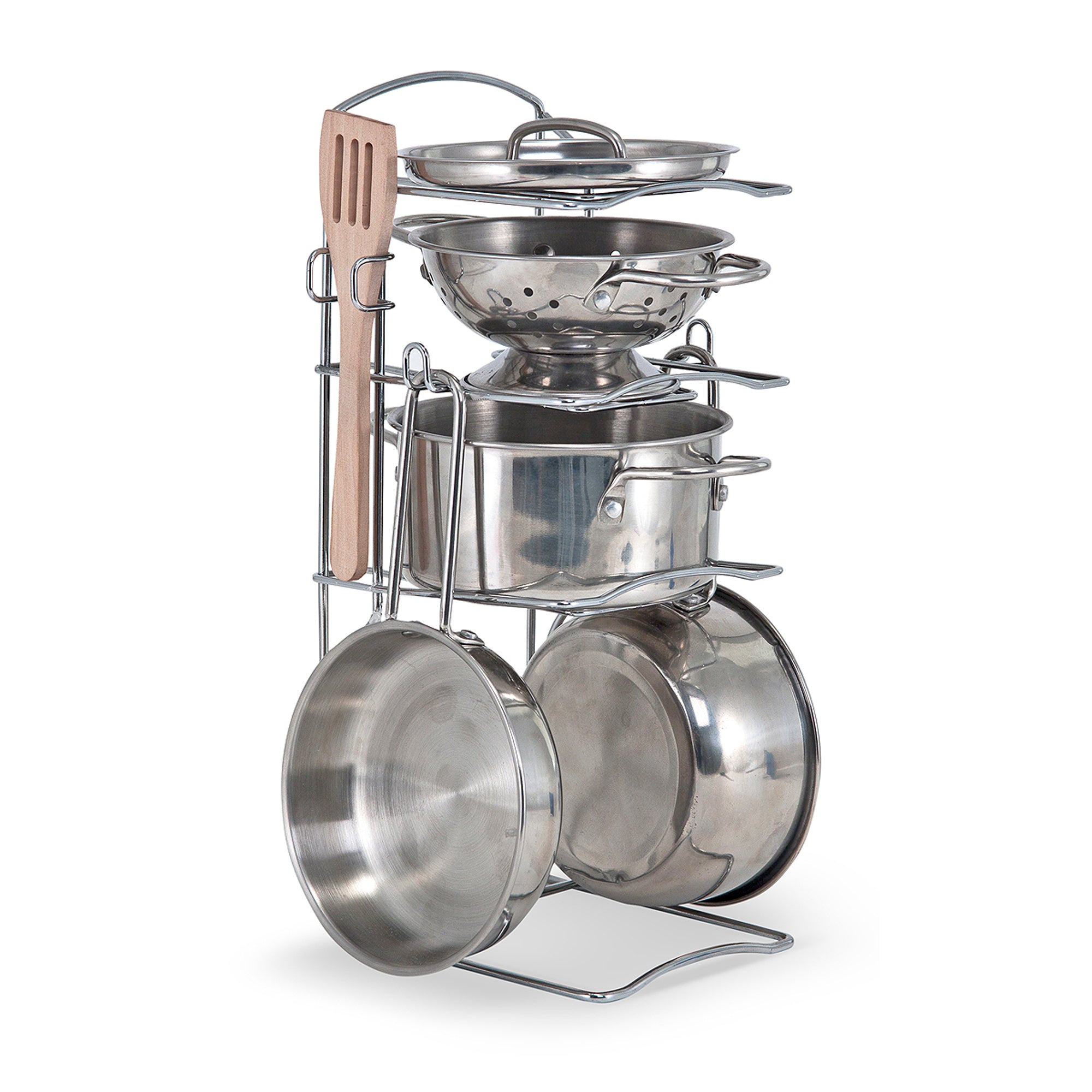 Set of stainless steel cookware on a stand with a wooden spatula on a white background