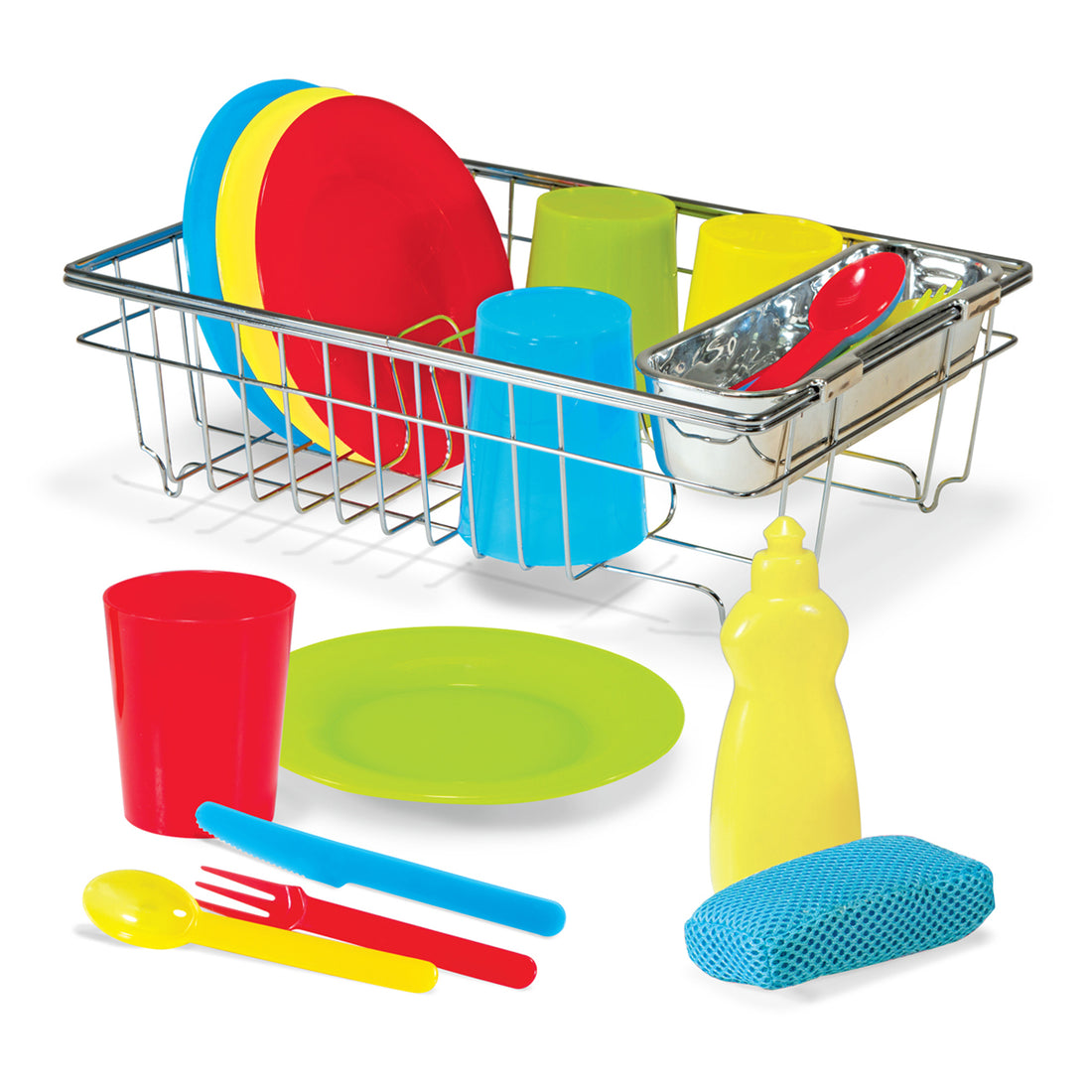 Colorful plastic dishes and utensils in a metal dish rack on a white background
