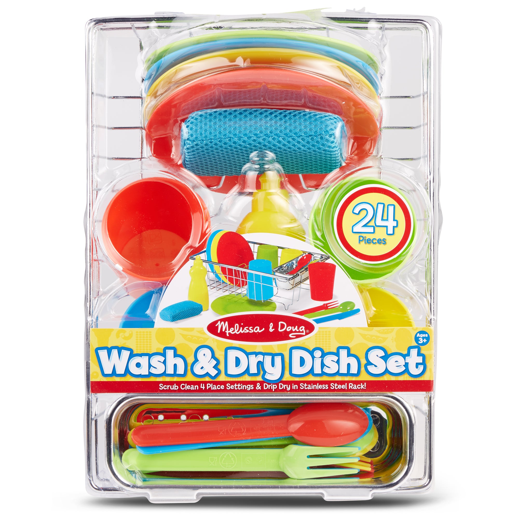 Packaged Melissa & Doug Wash & Dry Dish Set with colorful items on a white background
