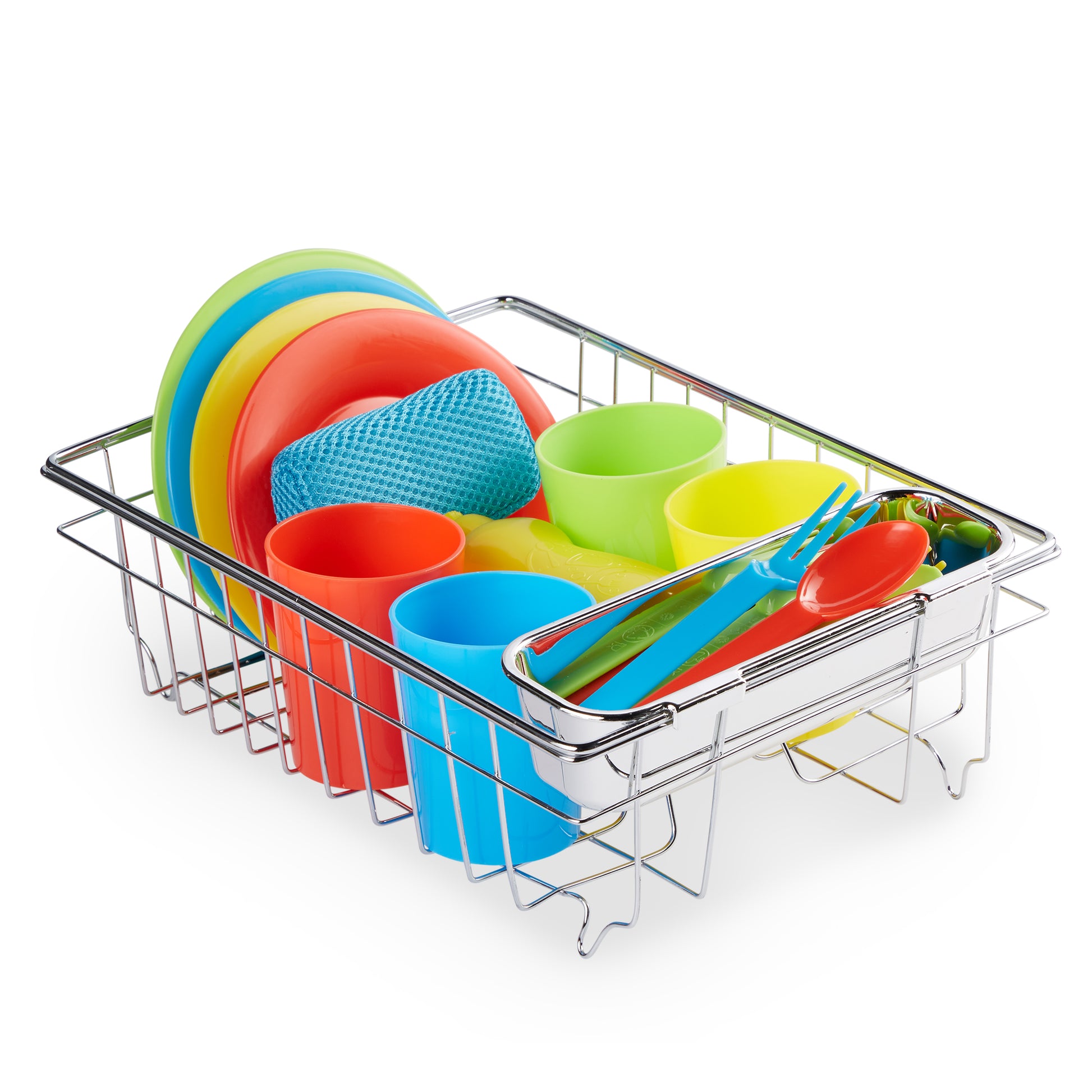 Colorful dishes in a metal dish rack on a white background