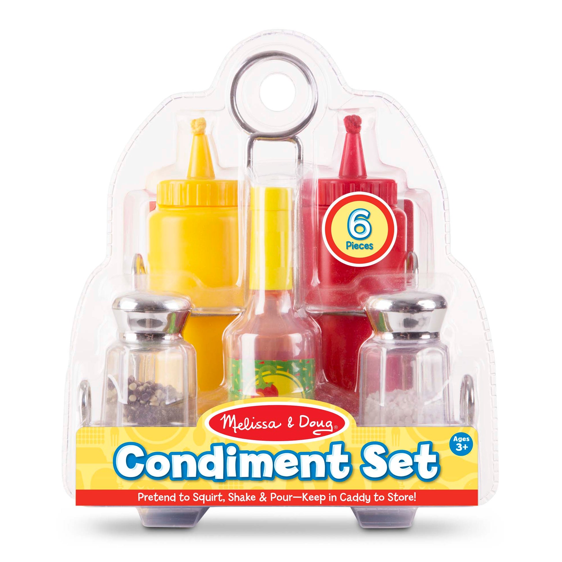 Melissa & Doug condiment set packaging with six plastic bottles on a white background