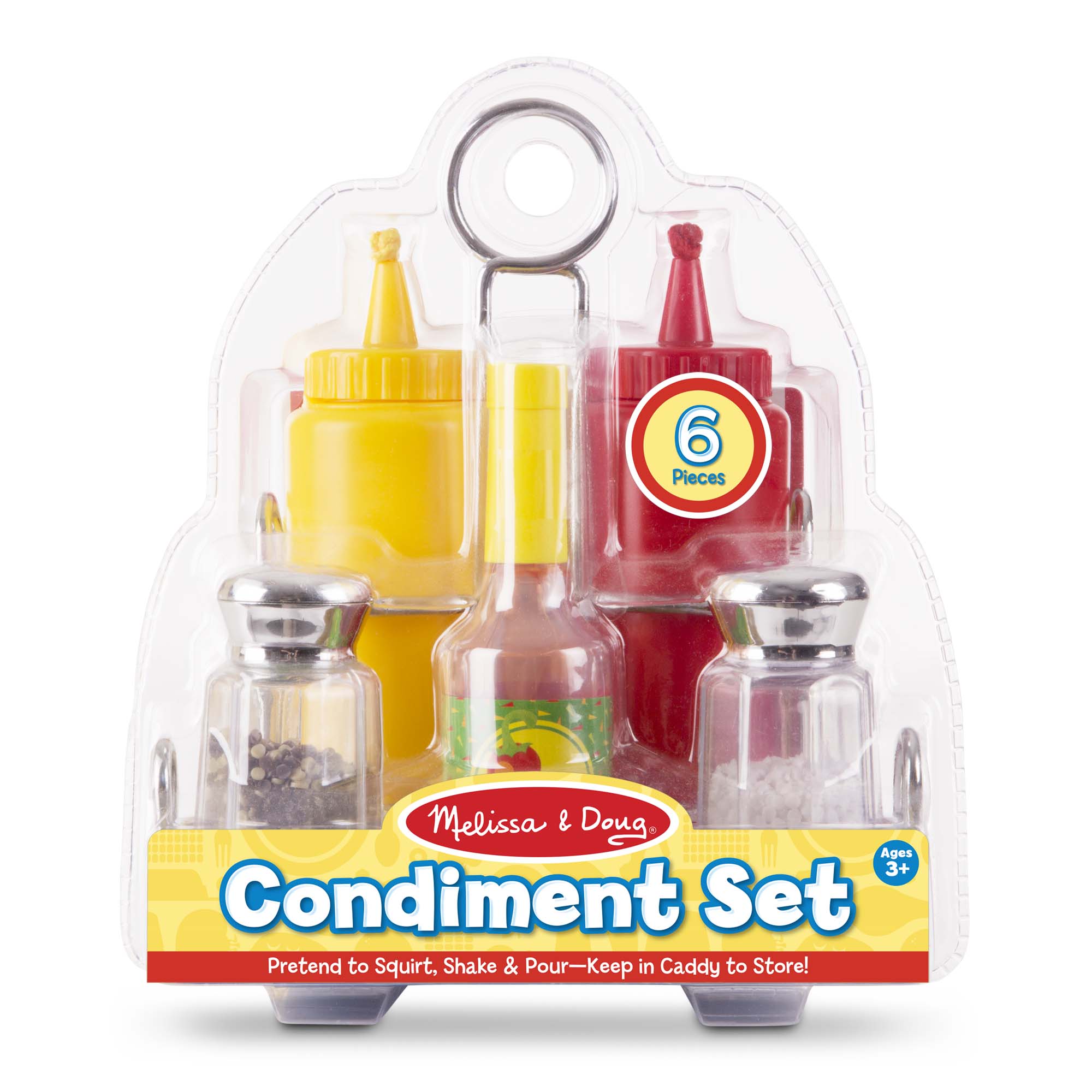 Melissa & Doug condiment set packaging with six plastic bottles on a white background