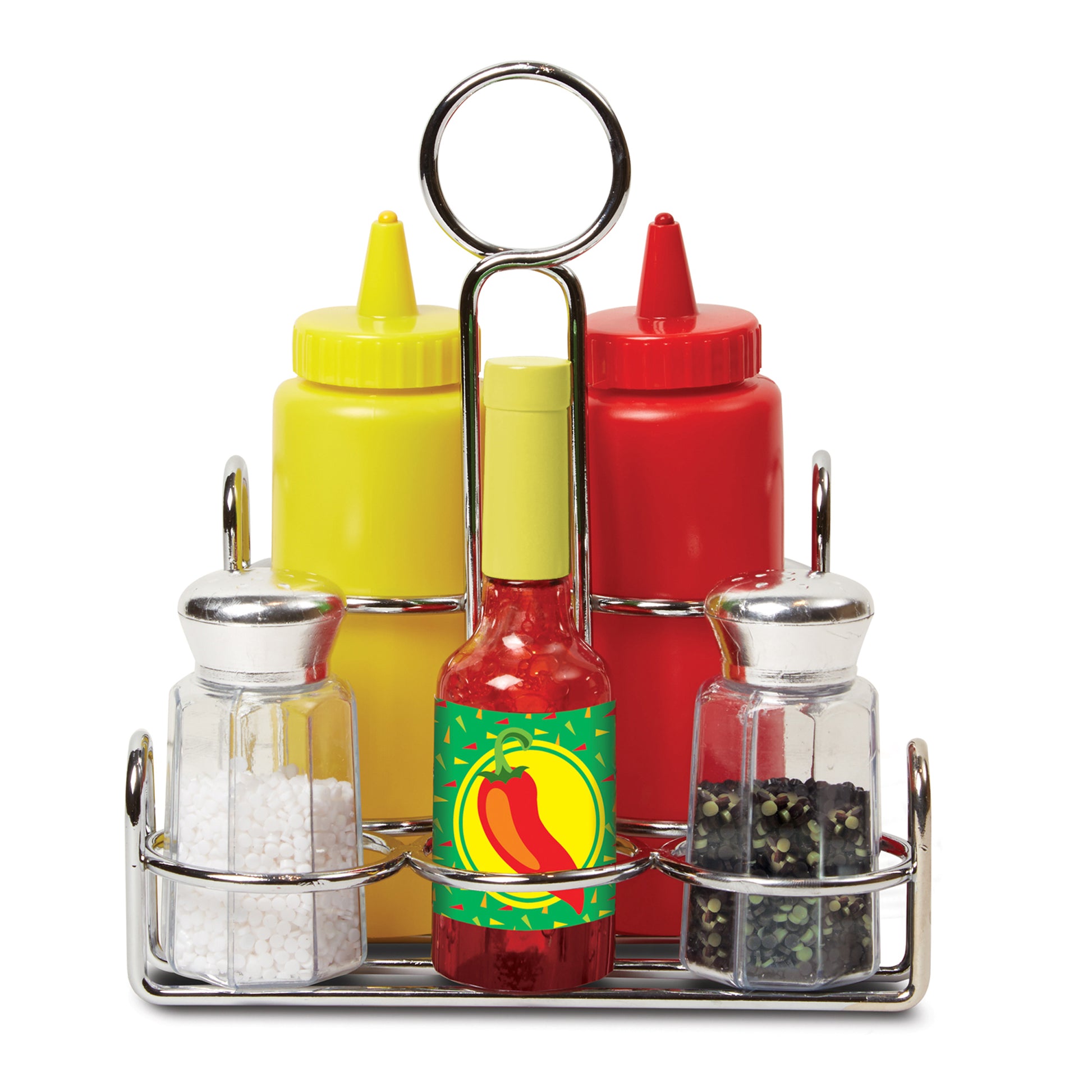 Set of condiment bottles including ketchup, mustard, hot sauce, and salt and pepper shakers in a metal holder on a white background.