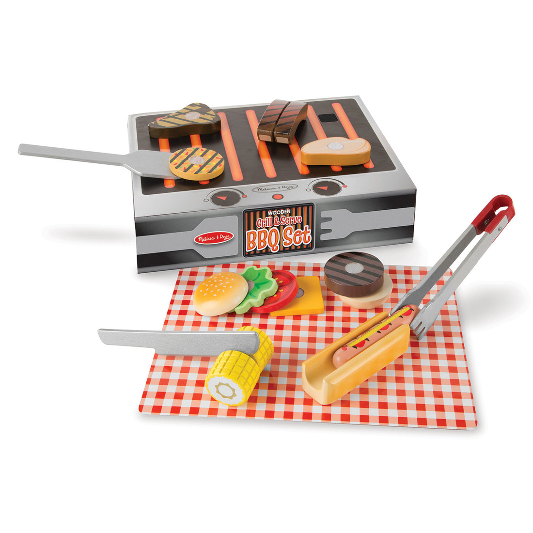 Toy BBQ set with grill, utensils, and food items on a checkered cloth
