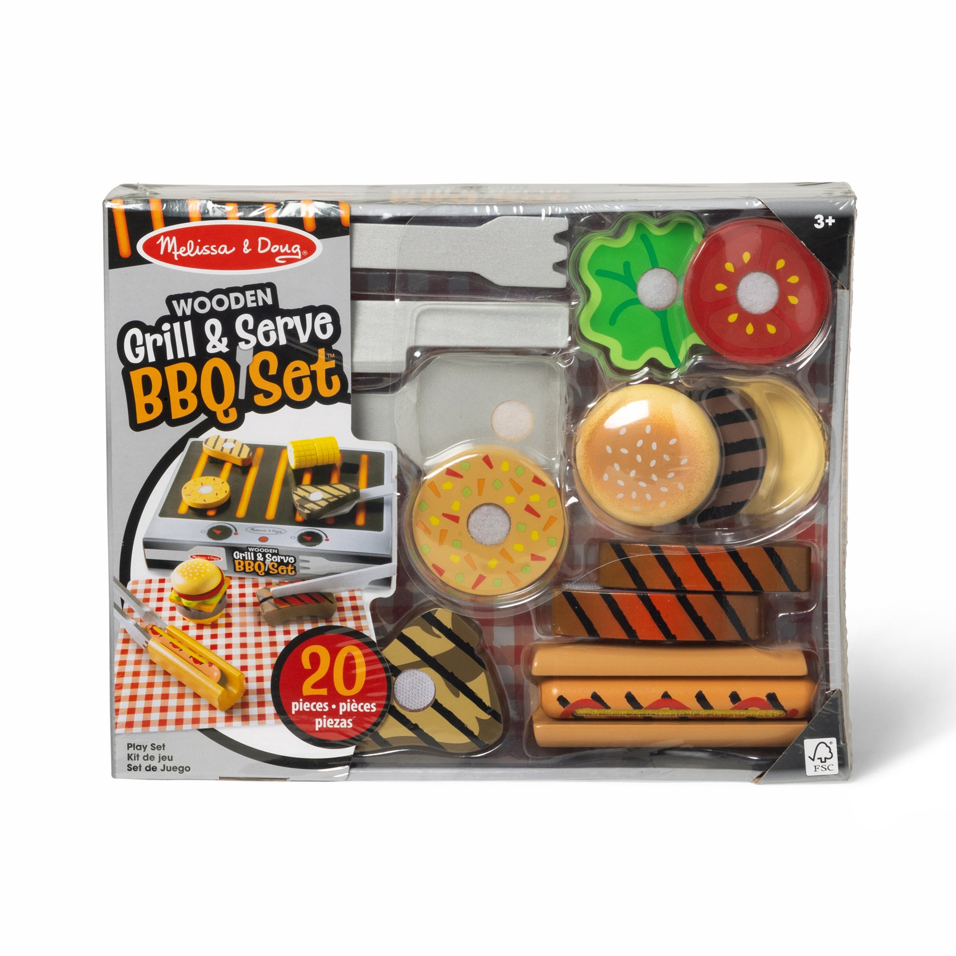 Wooden Grill & Serve BBQ Set packaging with toys inside on a white background