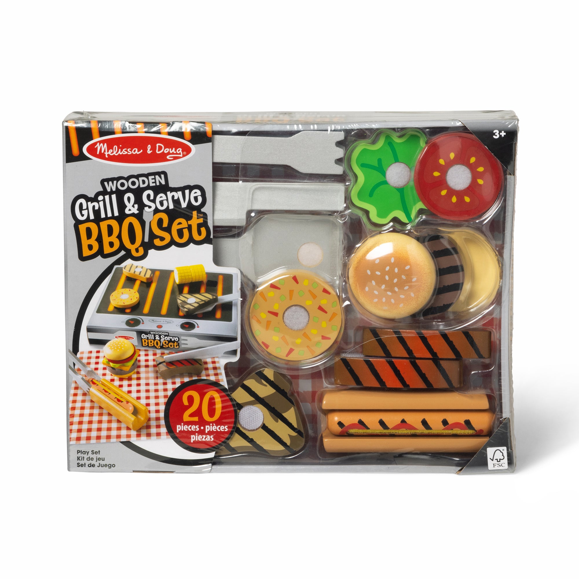 Wooden Grill & Serve BBQ Set packaging with toys inside on a white background