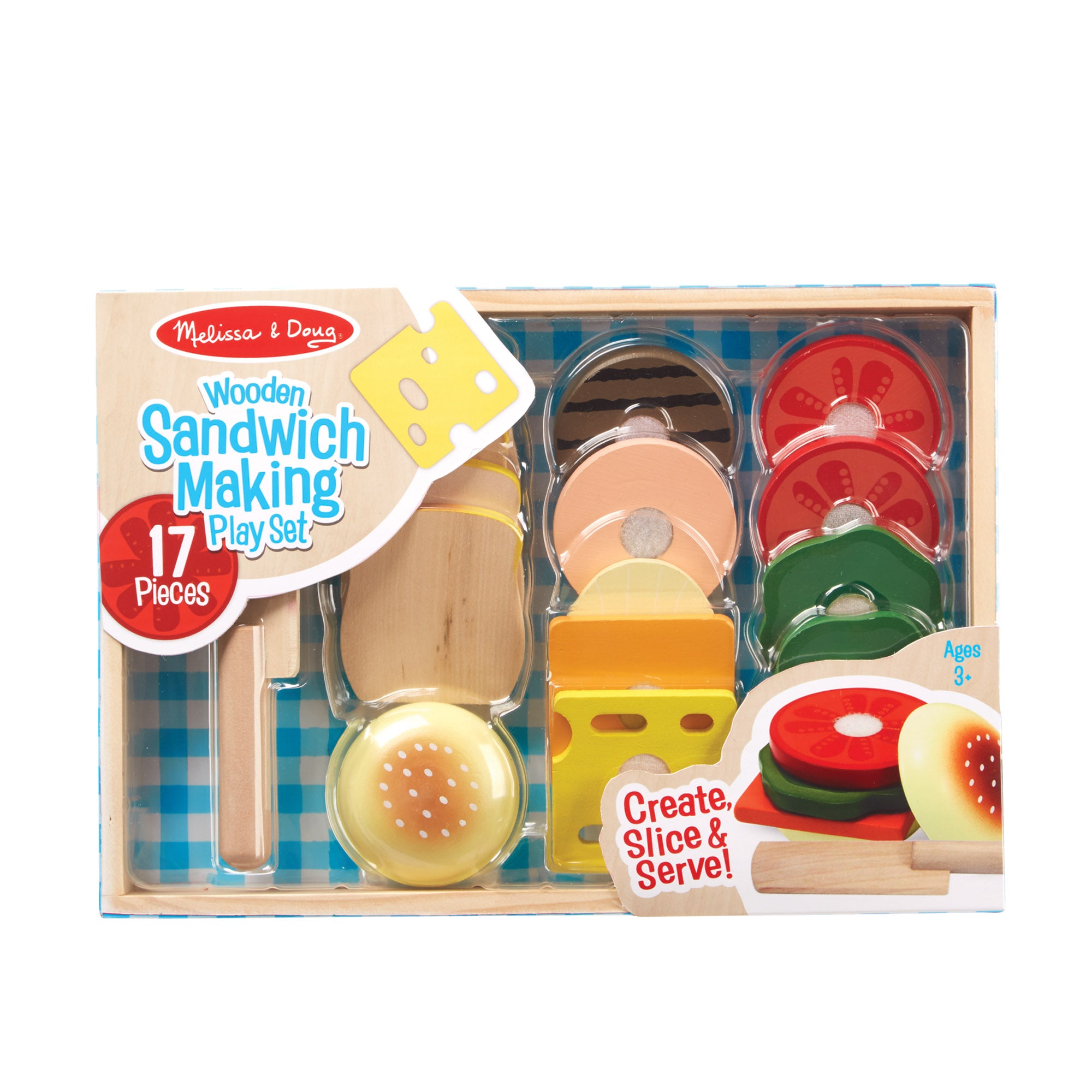 Melissa & Doug wooden sandwich making play set packaging on a white background