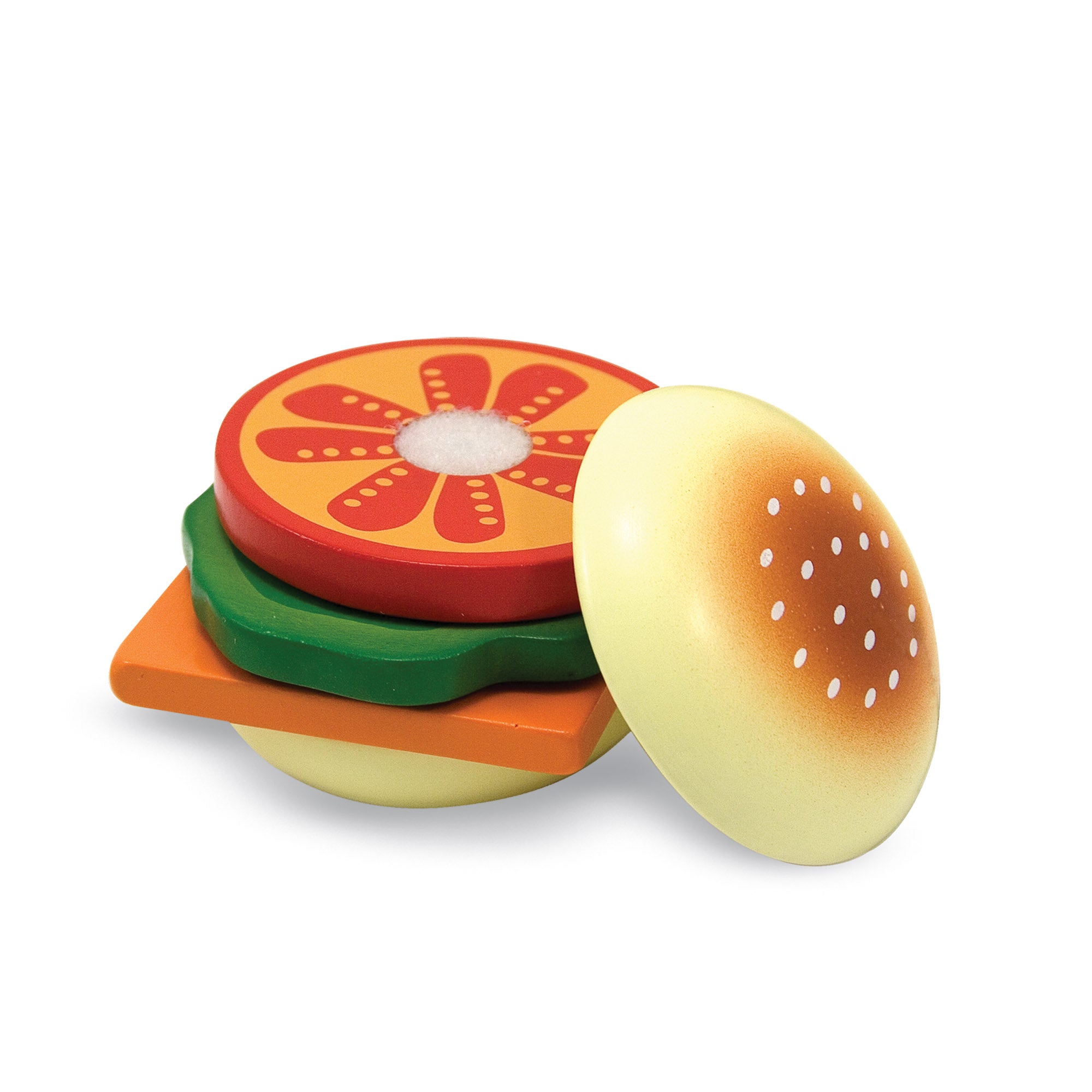 Toy hamburger set with bun, tomato, and lettuce on a white background