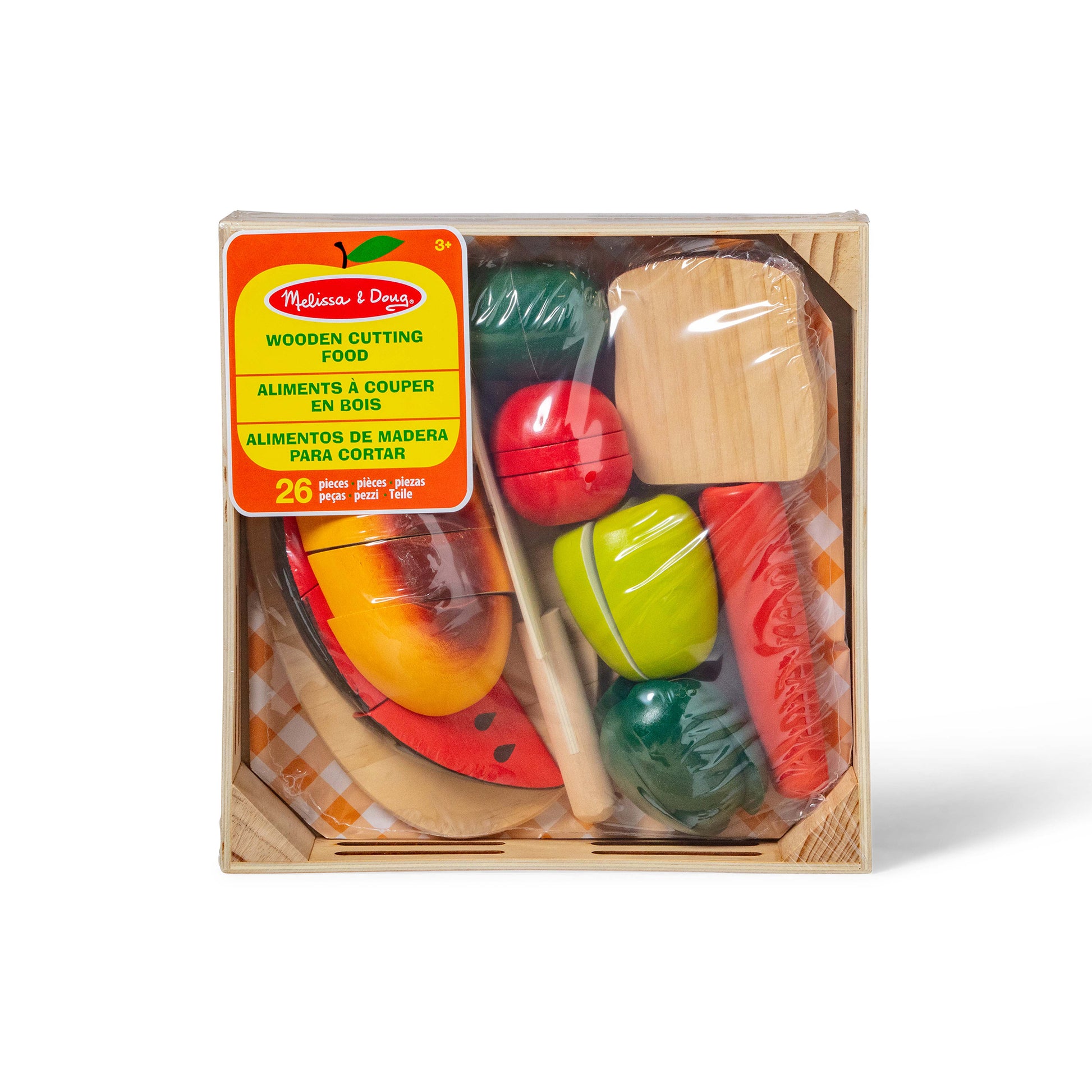 Wooden toy food set in packaging with colorful labels on a white background
