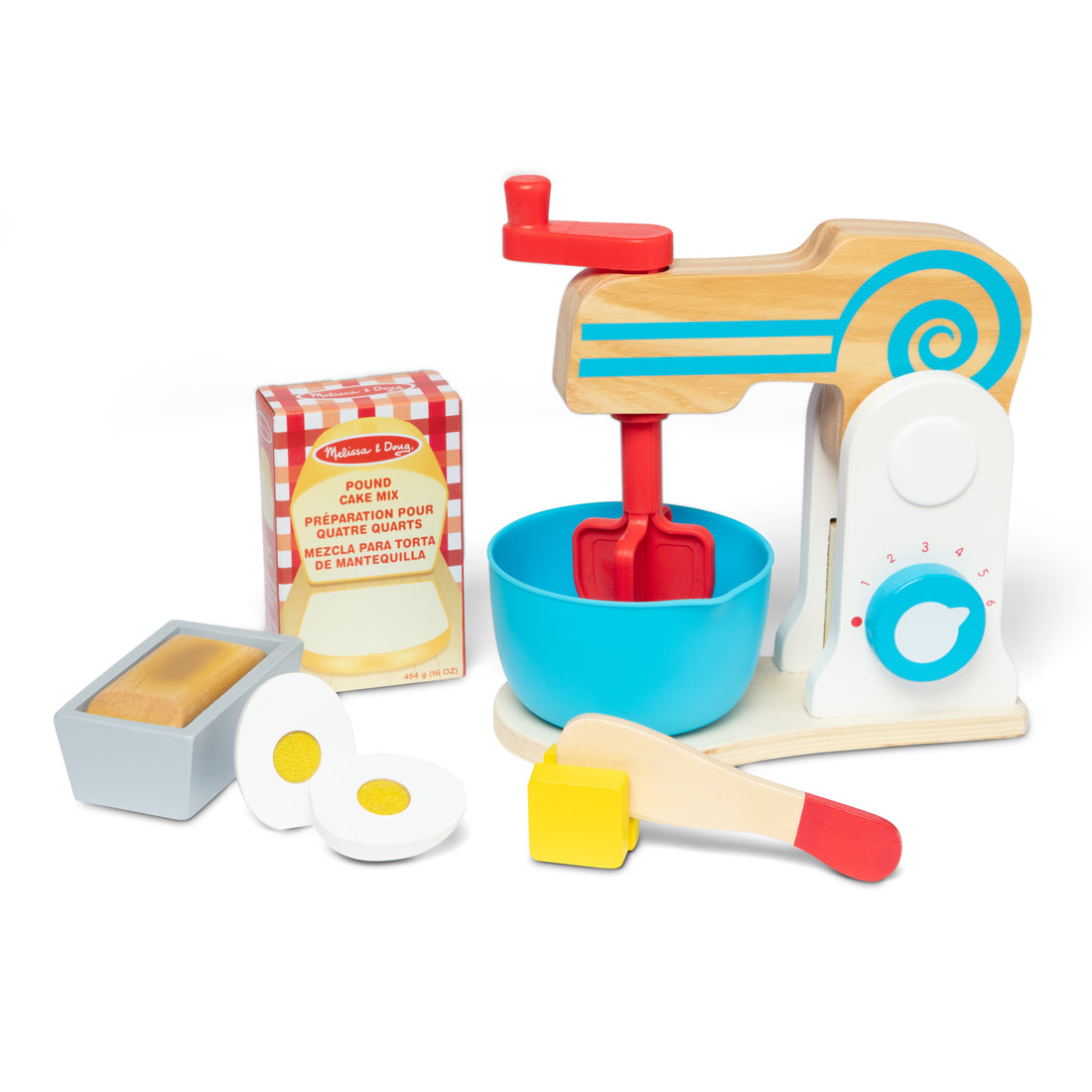 Wooden toy kitchen set with mixer, bowls, and utensils on a white background