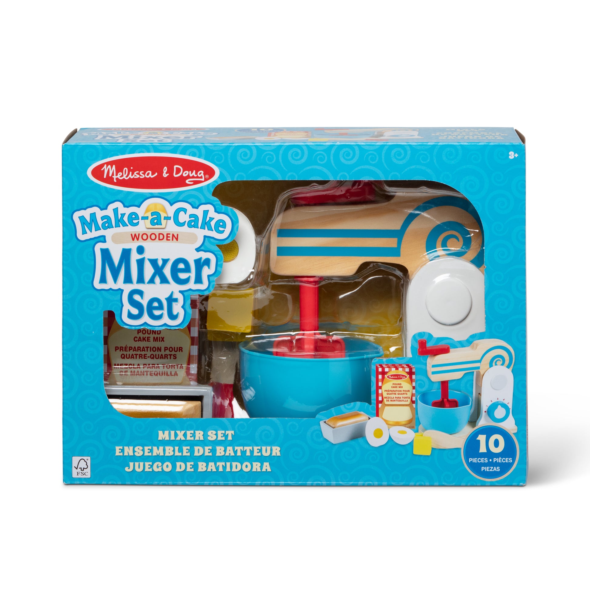 Melissa & Doug Make-a-Cake Wooden Mixer Set packaging on a white background