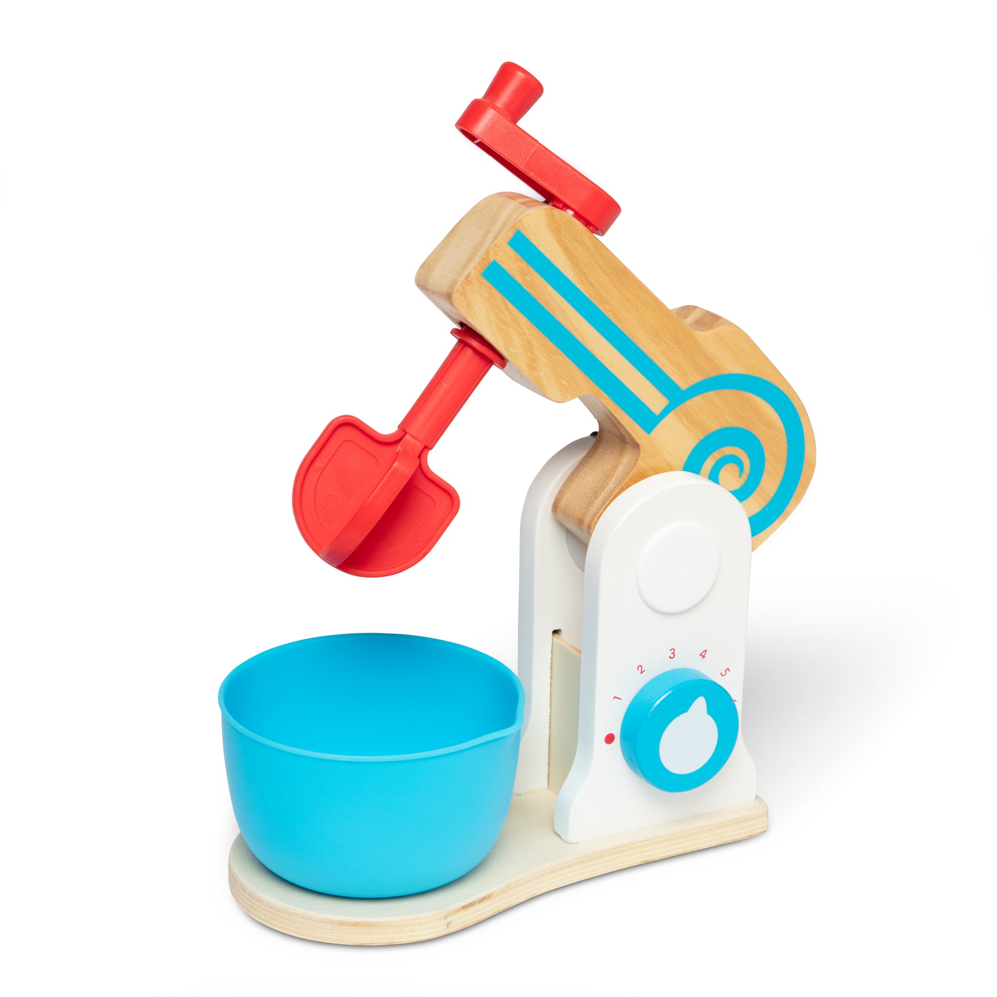 Children's toy kitchen set with wooden mixer, red whisk, and blue bowl on a white background