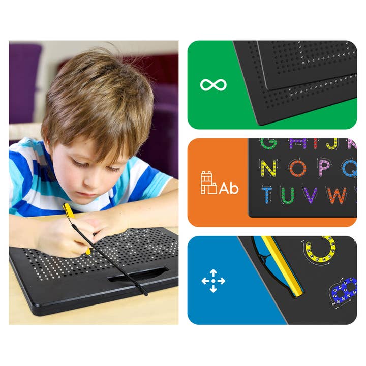 Child using a writing board with educational elements displayed.