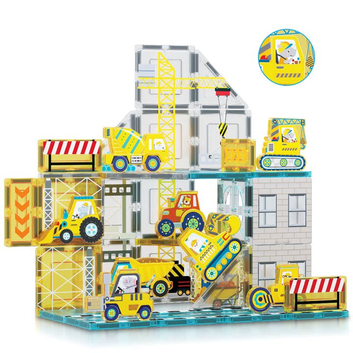 PicassoTiles Magnet Tile Building Block Set with 8 Construction Vehicles Crank Truck, Excavator, Bulldozer, Road Roller, Concrete Mixer, Tractor, Dump Truck, &amp; Forklift Magnetic Toy