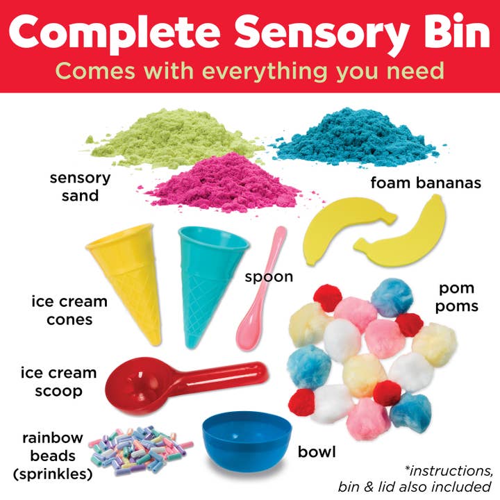 Sensory Bin Ice Cream Shop Activity Bin for Kids with sensory sand, pom poms and rainbow beads
