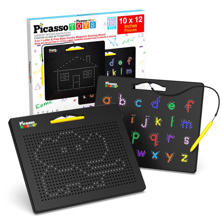 Picasso Toys magnetic drawing board with letters and numbers, packaging included.