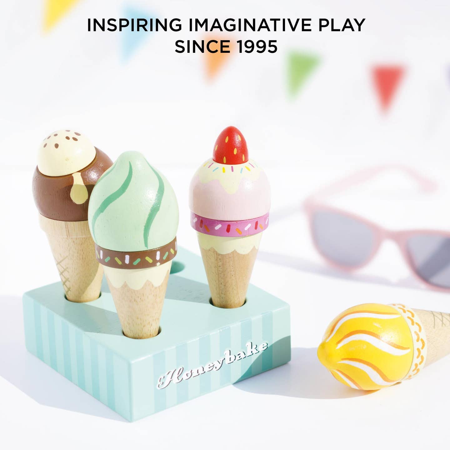 Wooden Ice Cream Cones Set painted with fresh colors and is plastic-free toy