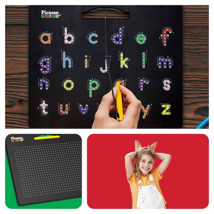 Collage of educational products including a black board with colorful letters, a green and black dot-to-dot board, and a red background with a child.