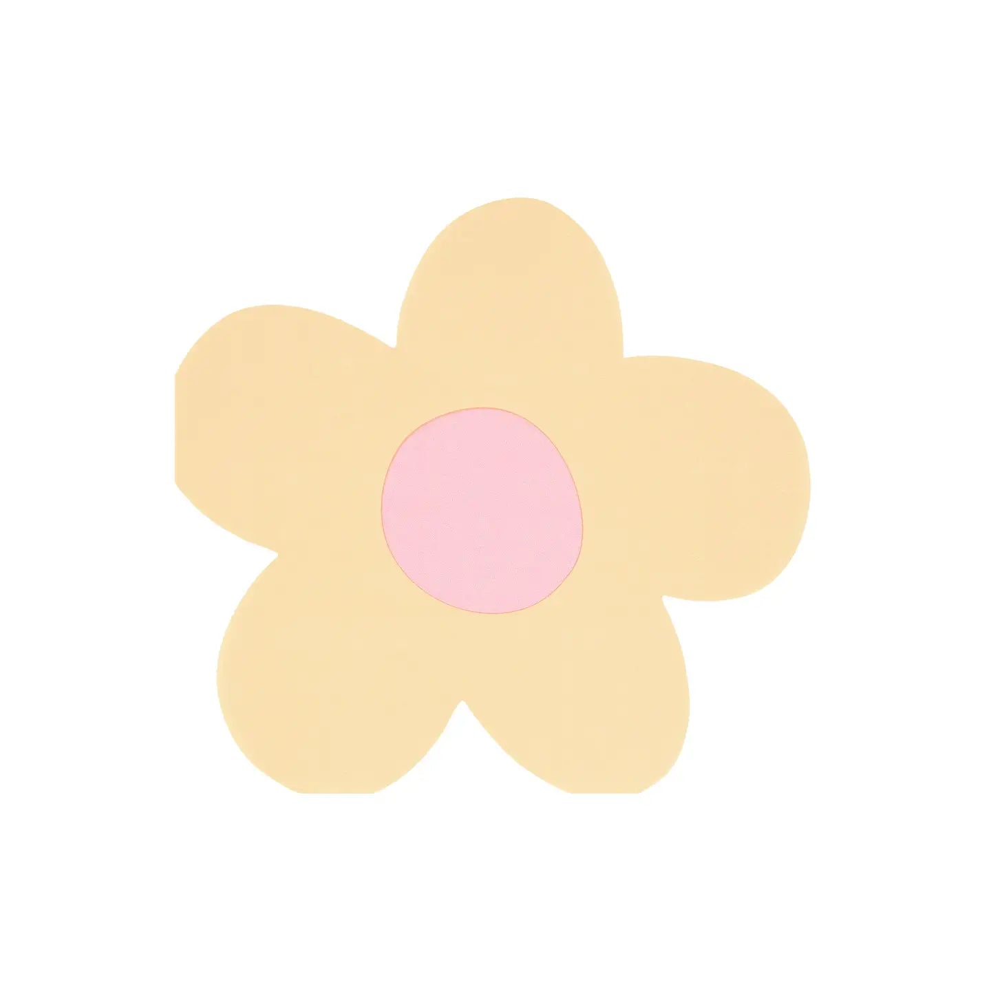 Simple flower design with a pink center and yellow petals on a white background