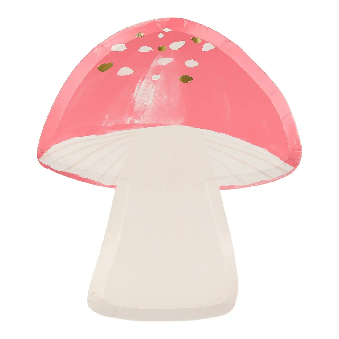 Mushroom-shaped plate with pink cap and white stem on a white background